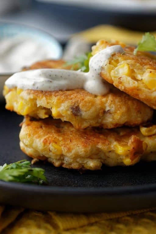 Cheesy Corn Fritters with Cream Cheese Drizzle