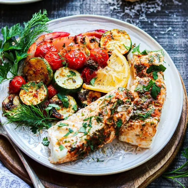 Cheesy Crusted Halibut with Roasted Vegetables