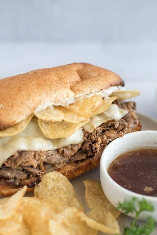 Cheesy Shaved Beef French Dip Sandwich