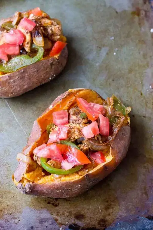 Chicken Fajita Stuffed Sweet Potatoes in the Crock Pot