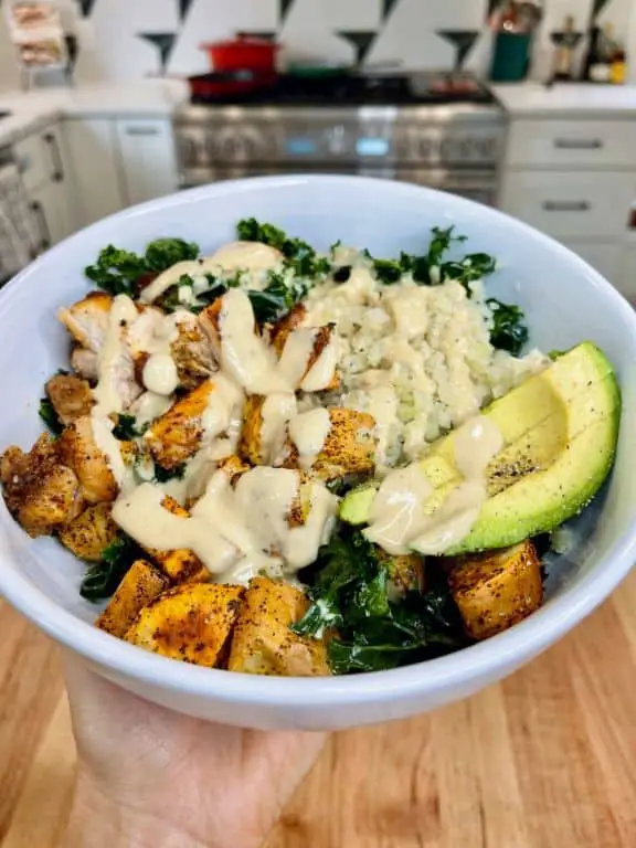 Chicken and Kale Quinoa Bowls with Tahini Dressing