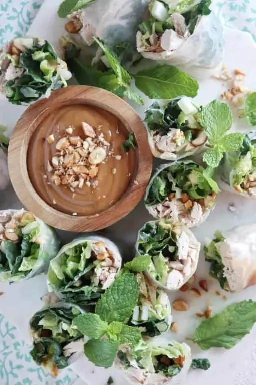 Chicken and Kale Spring Rolls with Peanut Sauce