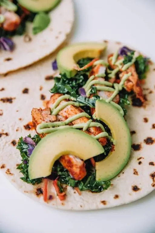 Chicken and Kale Tacos with Avocado Lime Crema