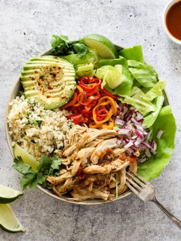 Chicken and Rice Burrito Bowl with Salsa Verde