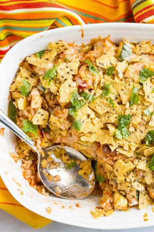 Chicken and Rice Taco Casserole with Tortilla Chips