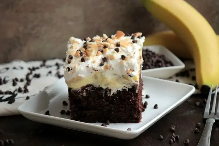 Chocolate Banana Poke Cake with Caramel Sauce