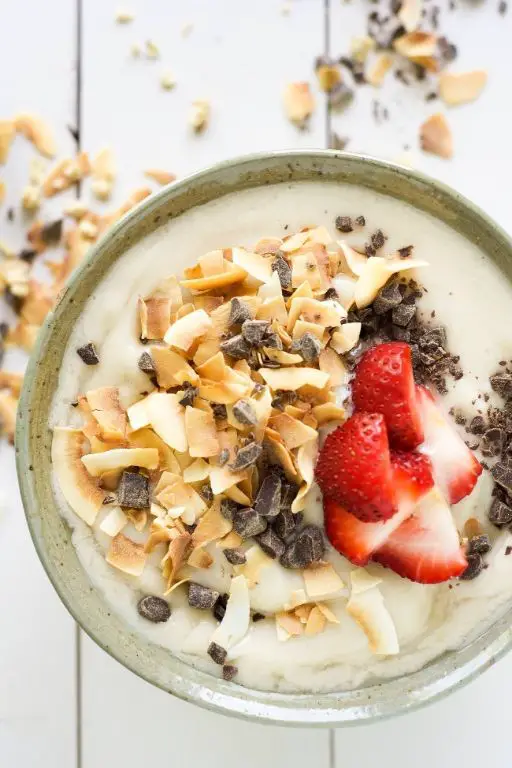 Chocolate Bowl with Coconut Cream and Toasted Coconut Flakes