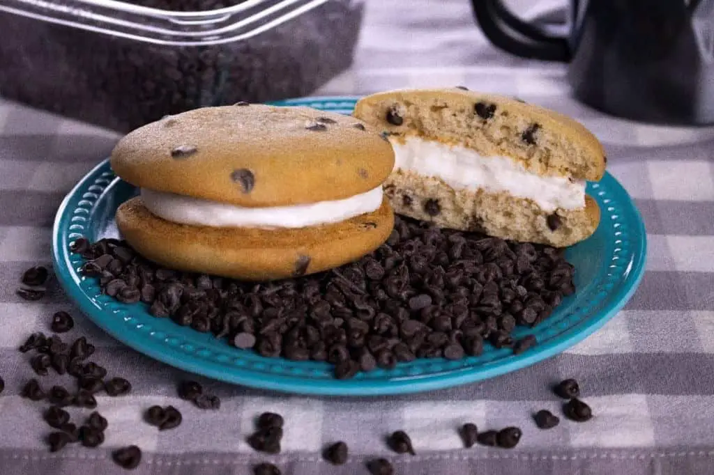 Chocolate Chip Whoopie Pies with Vanilla Frosting