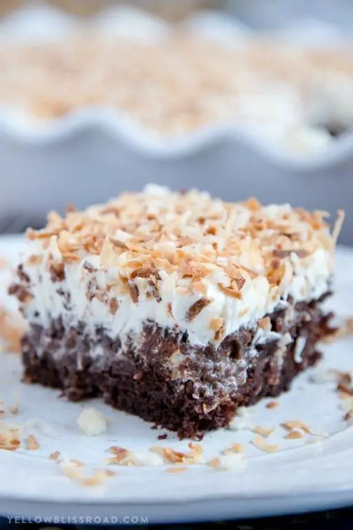 Chocolate Coconut Poke Cake with Toasted Coconut