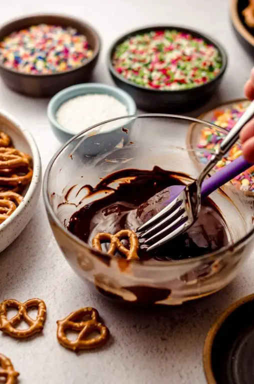 Chocolate Dipped Powdered Sugar Pretzels
