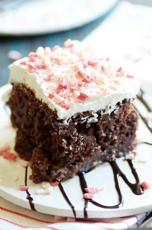 Chocolate Peppermint Poke Cake with Candy Cane Crumbles