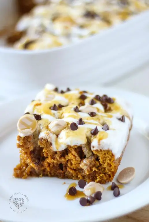Chocolate Pumpkin Spice Poke Cake with Cream Cheese Frosting