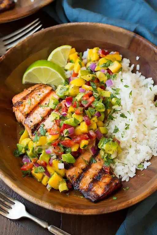 Coconut Lime Marinated Salmon with Mango Salsa