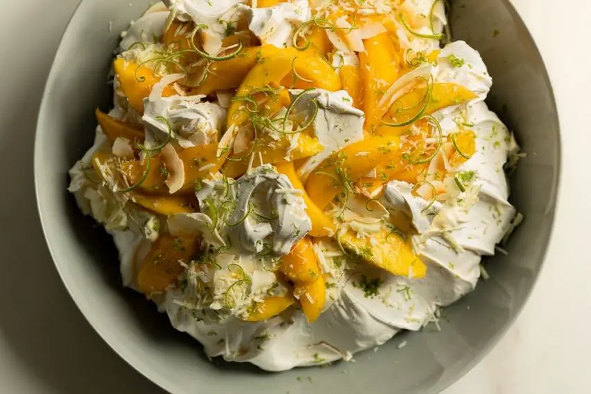 Coconut Lime Pavlova with Toasted Coconut Flakes
