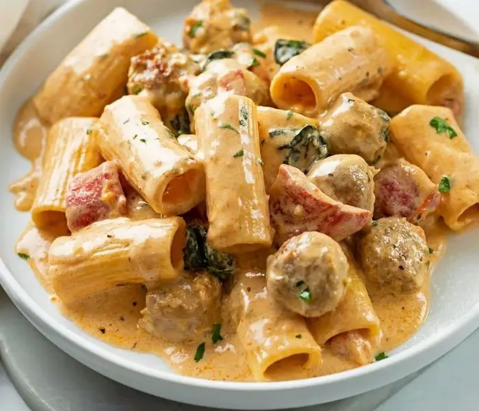 Creamy Beef Sausage Pasta Bake