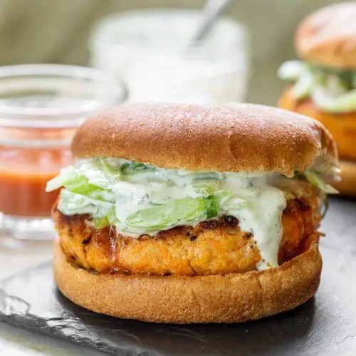 Crispy Buffalo Chicken Burgers with Celery Salad
