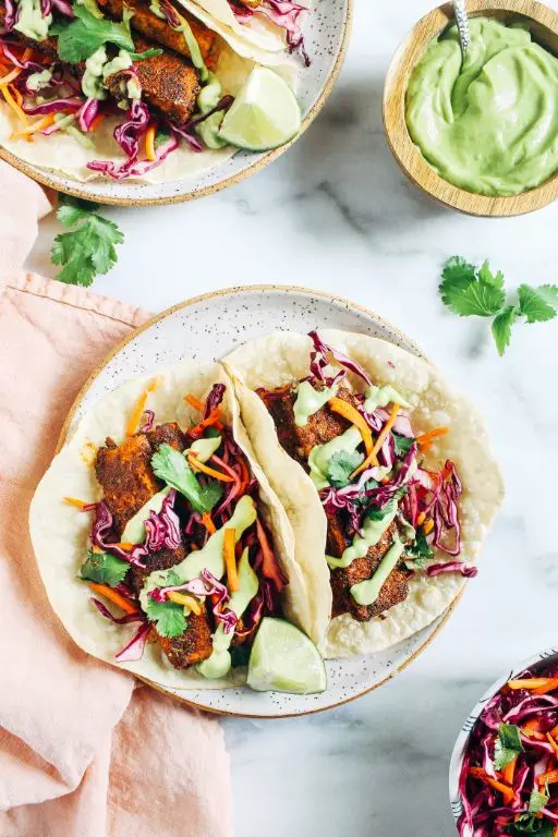 Crispy Tofu Tacos with Avocado Lime Sauce