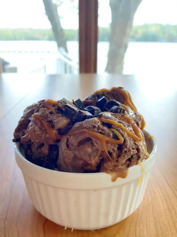 Dark Chocolate Bowl with Vanilla Ice Cream and Caramel Drizzle