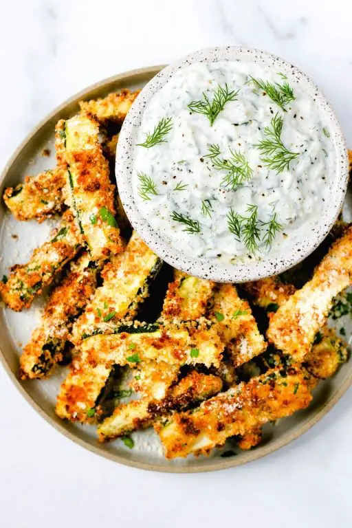 Fried Zucchini Chips with Tzatziki Dip