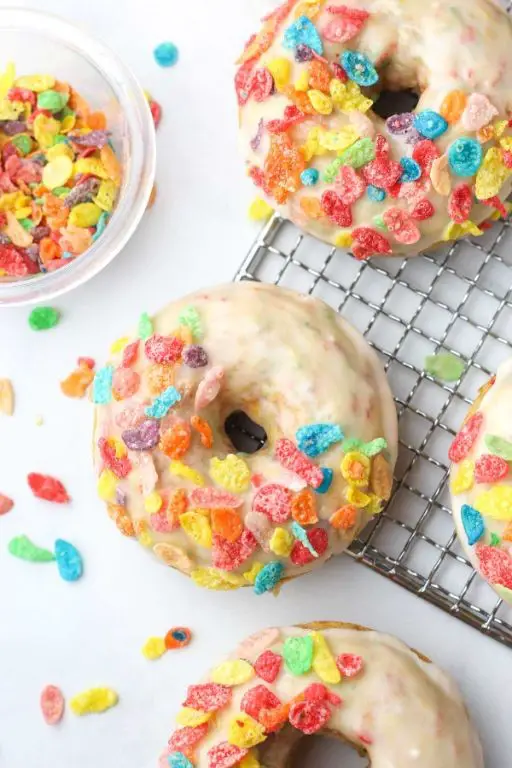 Fruity Pebbles Rice Crispy Donuts with Glaze