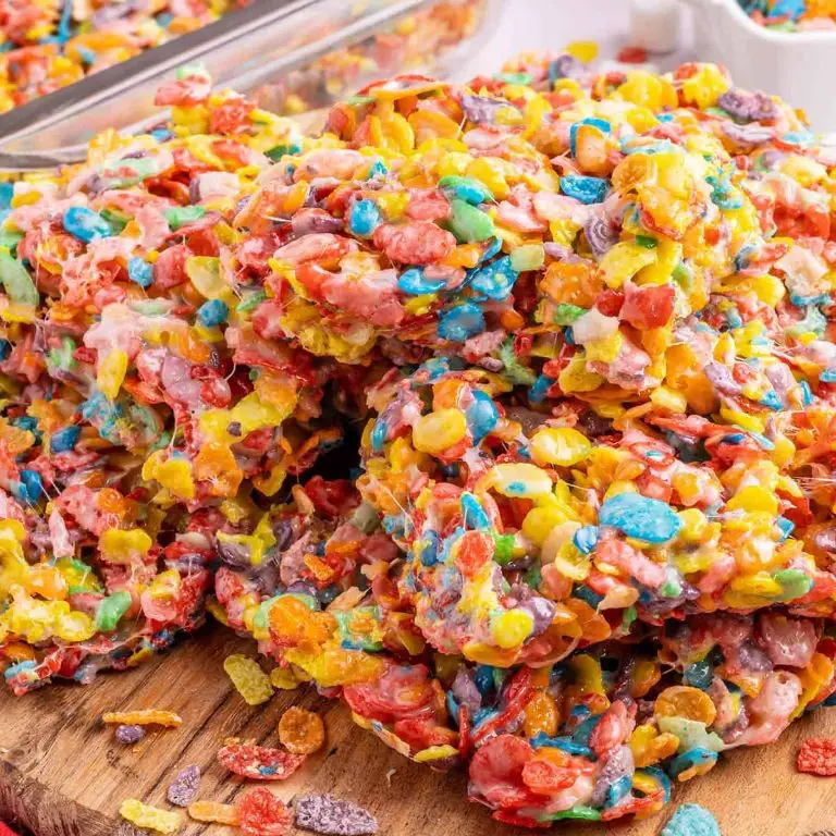 Fruity Pebbles Rice Crispy Treats with Marshmallow Glaze