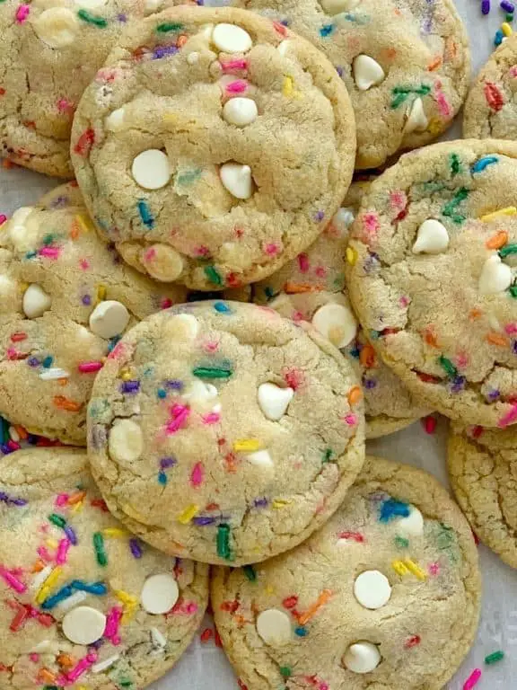 Funfetti Cake Mix Pudding Cookies with White Chocolate Chips