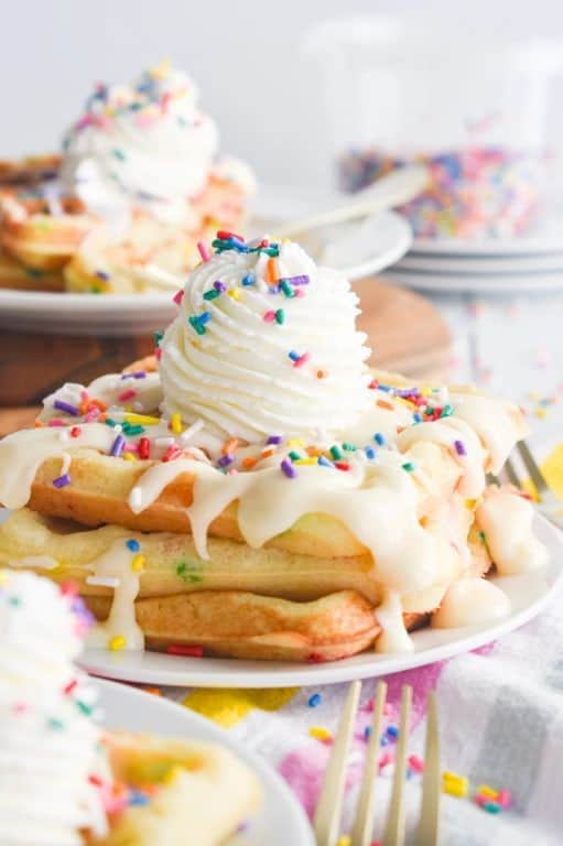 Funfetti Cake Mix Waffles with Maple Syrup