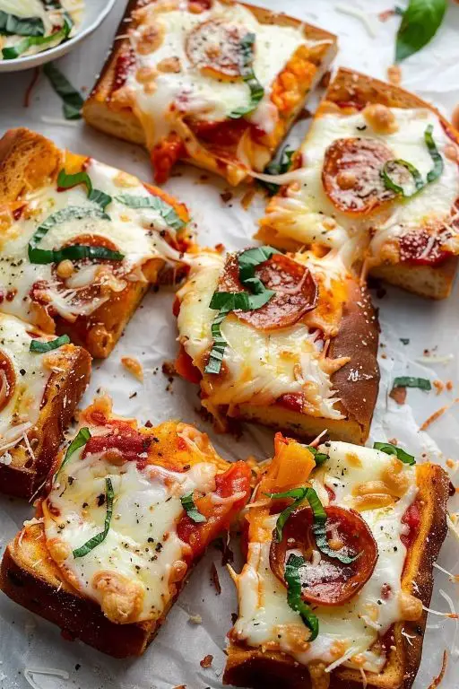 Garlic Bread Pizza with Mozzarella Pearls and Fresh Basil