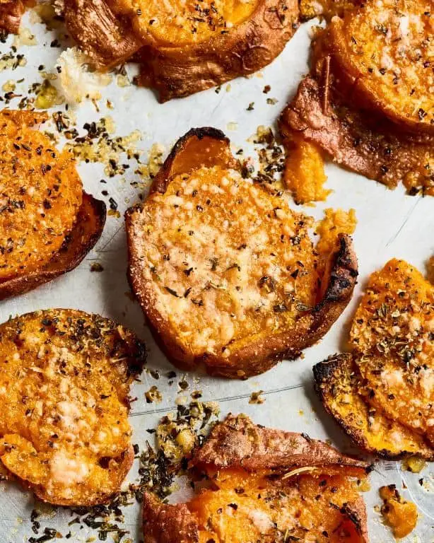 Garlic Herb Smashed Sweet Potatoes