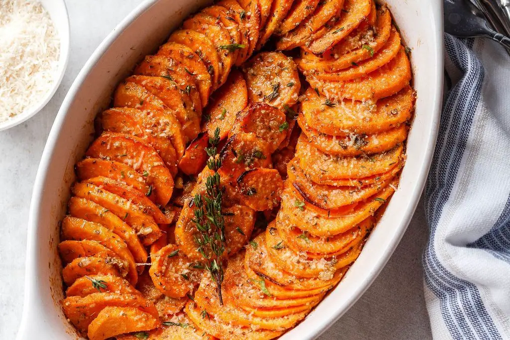 Garlic Parmesan Roasted Sliced Sweet Potatoes