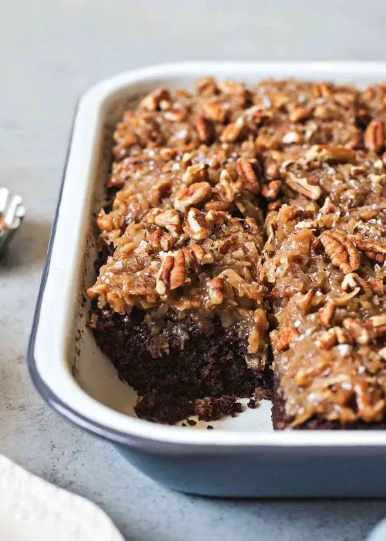 German Chocolate Sheet Cake with Coconut Pecan Frosting