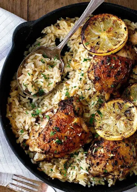 Greek Style Chicken Legs with Lemon Rice