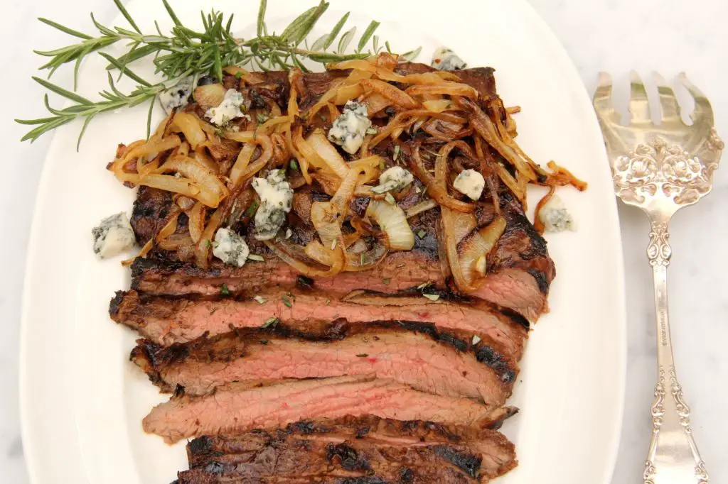 Grilled Bavette Steak with Caramelized Onions