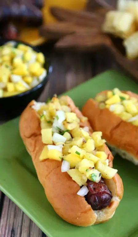 Hawaiian Crockpot Hot Dogs with Pineapple Salsa