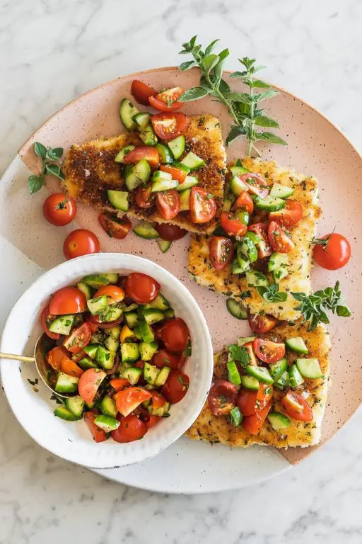 Herb and Panko Crusted Halibut with Tomato Basil Relish