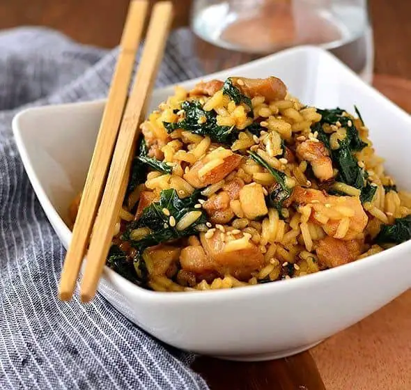 Kale and Chicken Fried Rice with Sesame Seeds