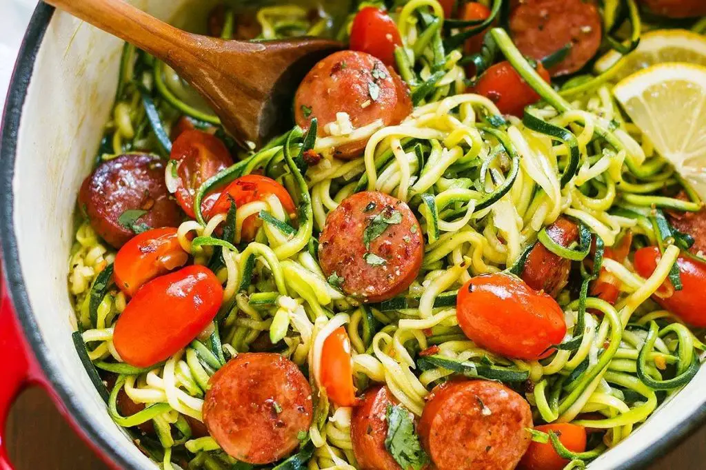 Keto Smoked Sausage and Zucchini Noodles