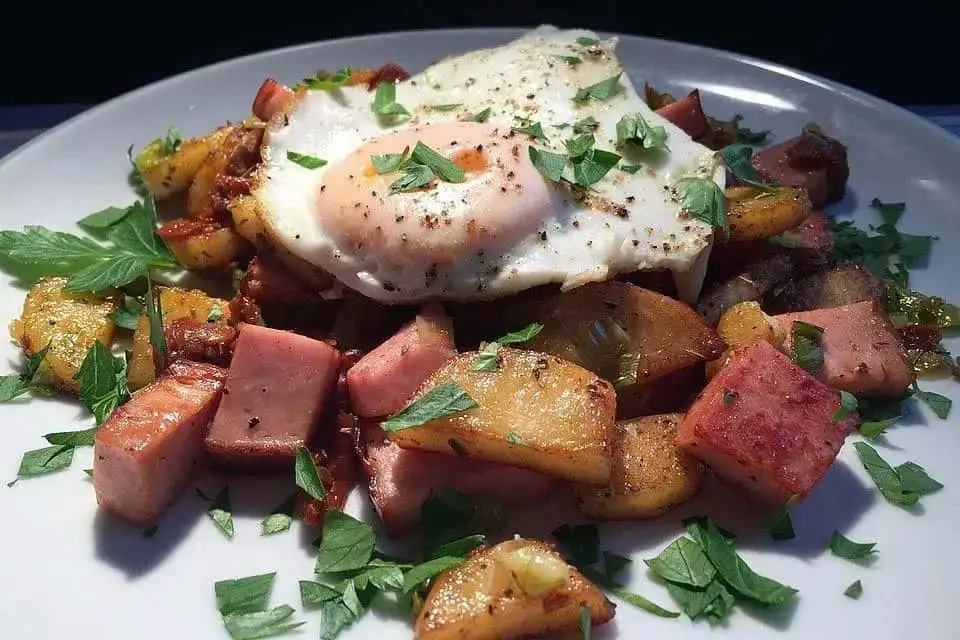 Leberkäse with Fried Egg and Pickles