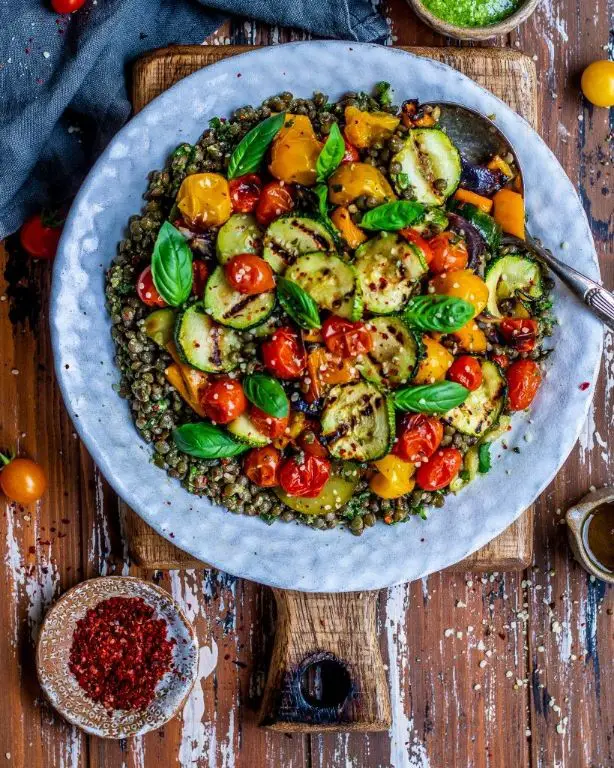 Lentil Salad with Grilled Zucchini and Basil Pesto