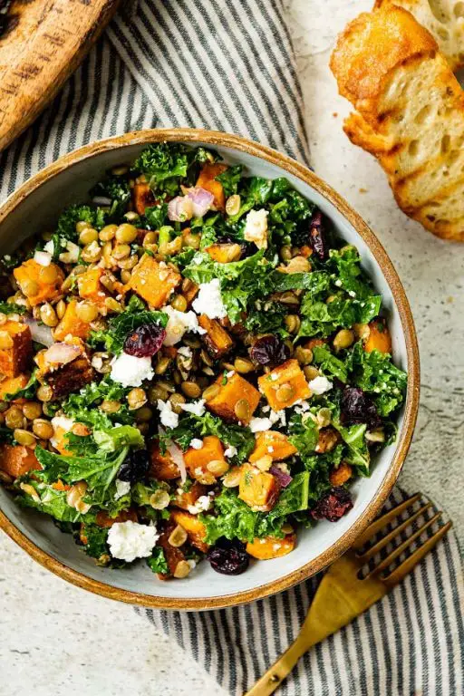 Lentil Salad with Roasted Sweet Potatoes and Kale