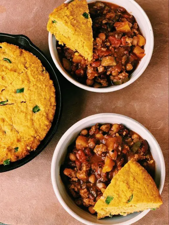Loaded Chili Mac with Cornbread Topping