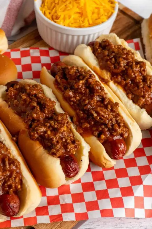 Loaded Crockpot Hot Dogs with Chili and Cheese