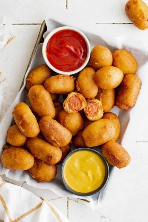 Mini Corn Dogs with Mustard Ketchup
