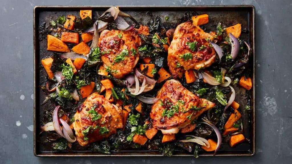 One-Pan Baked Chicken Thighs with Roasted Kale