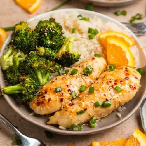 Orange Glazed Chicken Cutlets with Steamed Broccoli