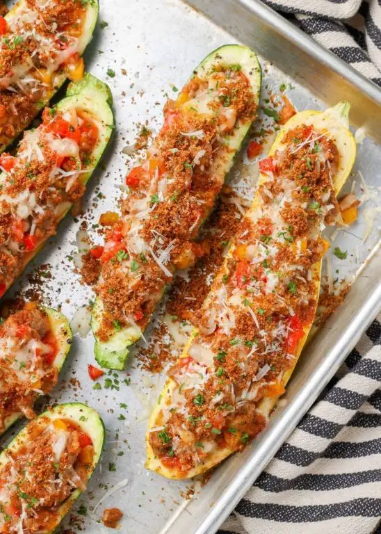 Pepper Jack Cheese and Sausage Stuffed Zucchini