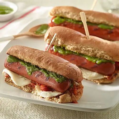 Pesto Crockpot Hot Dogs with Mozzarella
