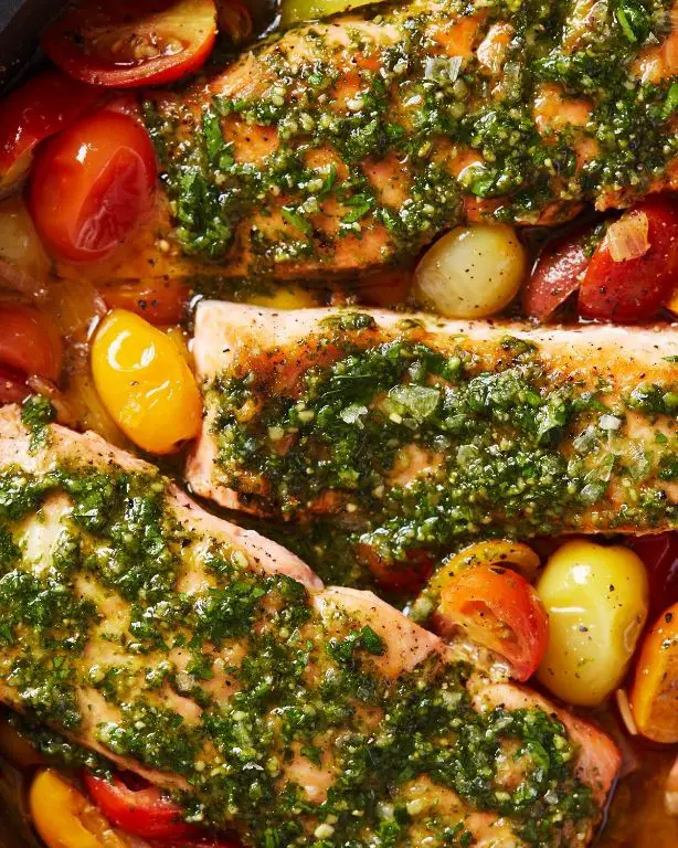 Pesto Marinated Salmon with Cherry Tomatoes
