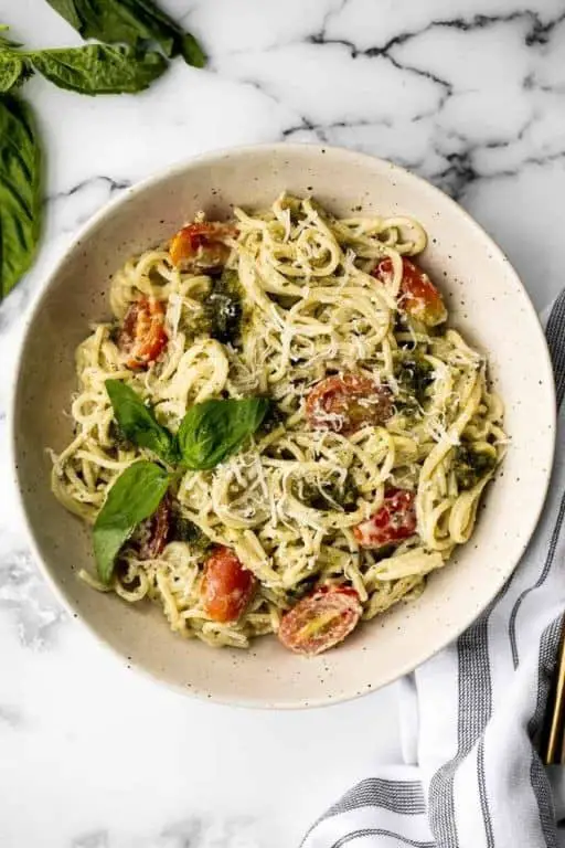 Pesto Mascarpone Pasta with Cherry Tomatoes