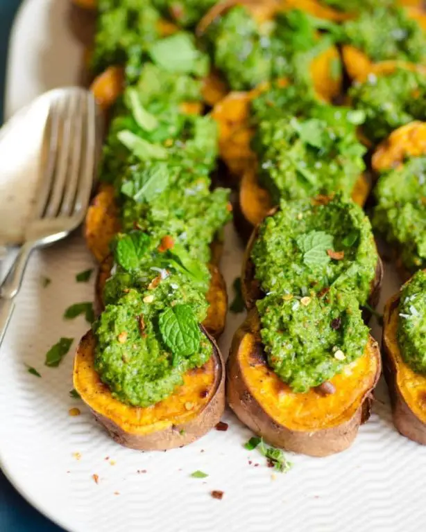 Pesto Roasted Sliced Sweet Potatoes